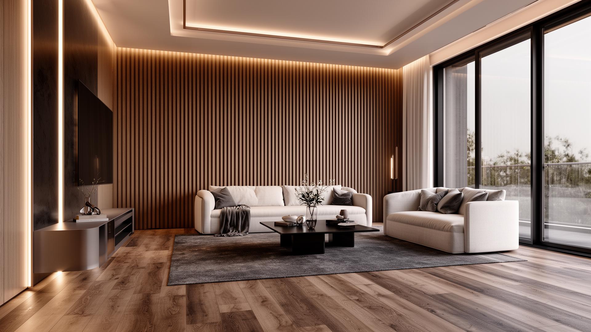 Ambiente moderno com piso laminado e painel ripado